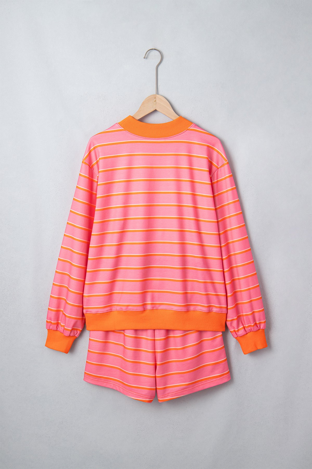 Striped Color Block Trim Long Sleeve Pullover Pocketed Shorts Set