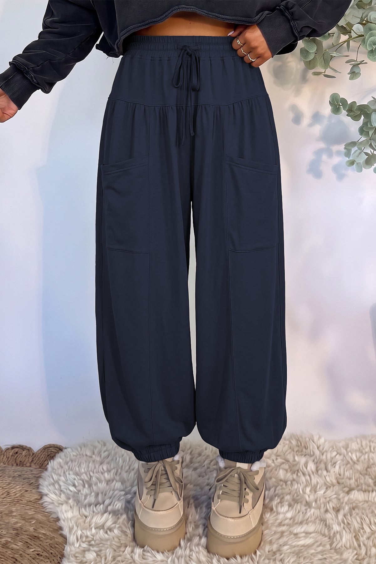 Elastic Waist Drawstring Wide Leg Full Length Pants