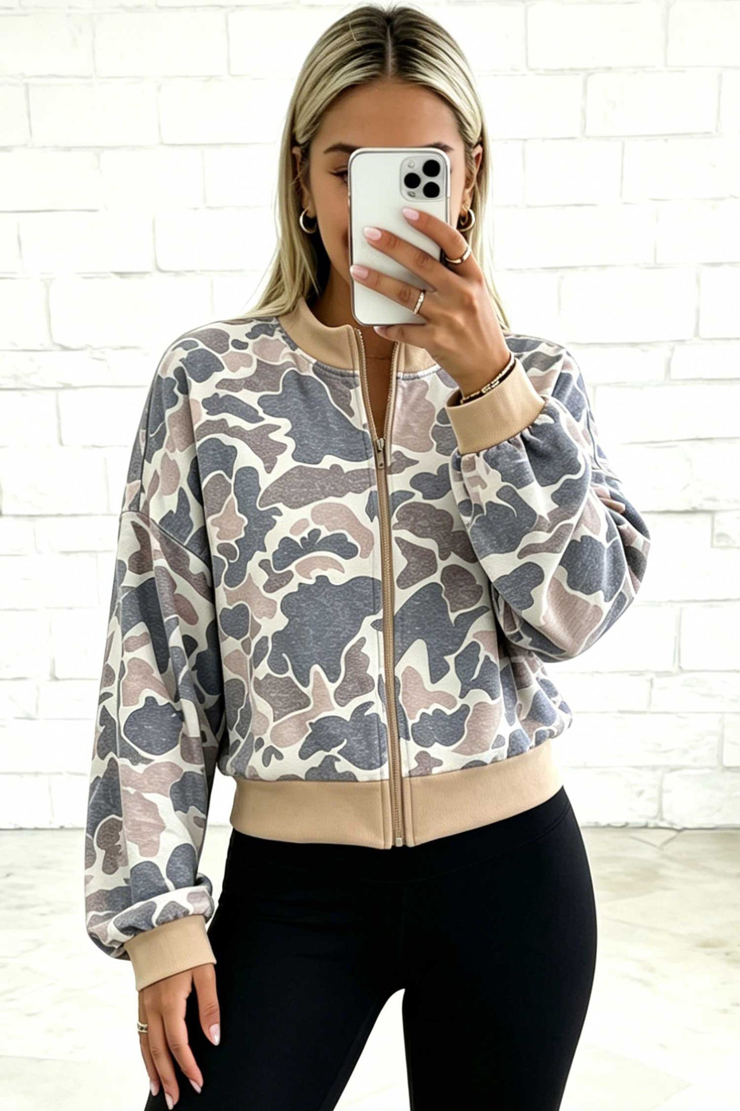 Camouflage Print Color Block Trim Zip Bomber Sweatshirt