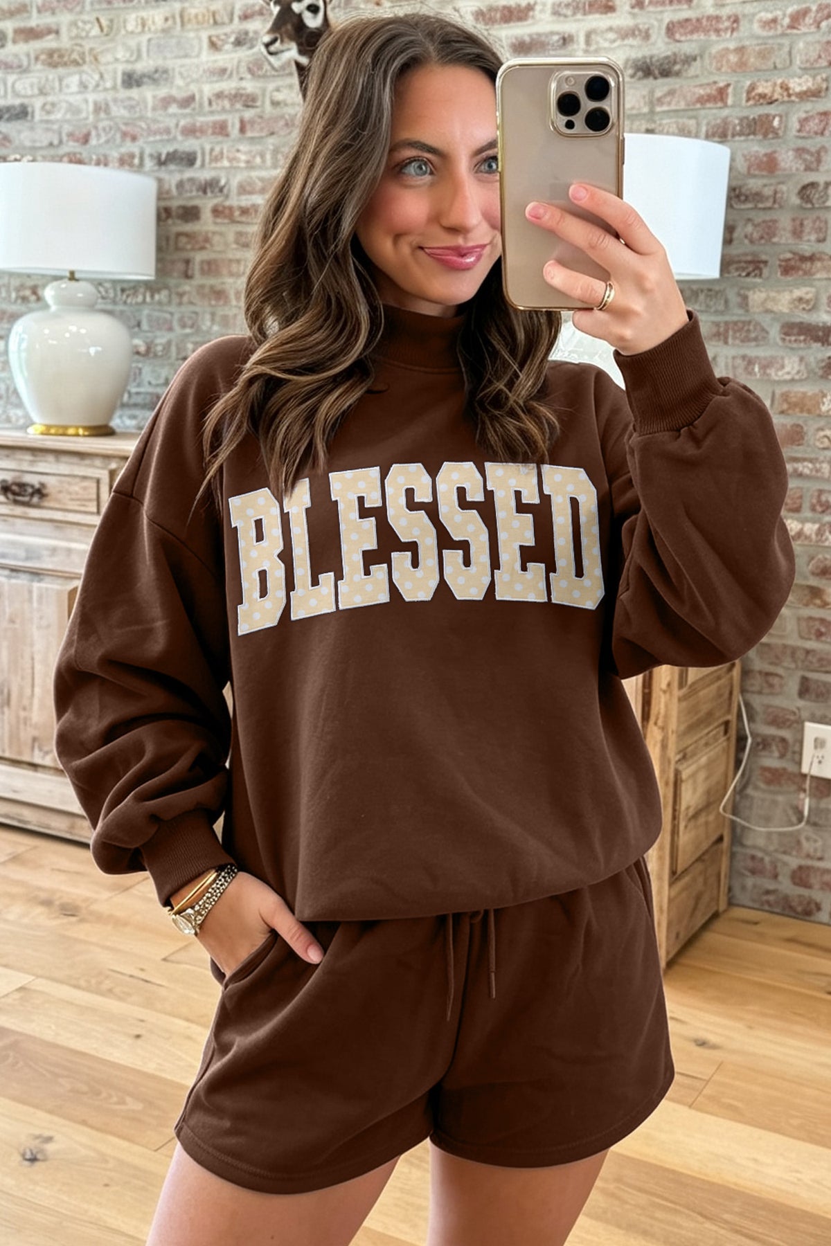 Blessed Print Mock Neck Pullover and Shorts Set