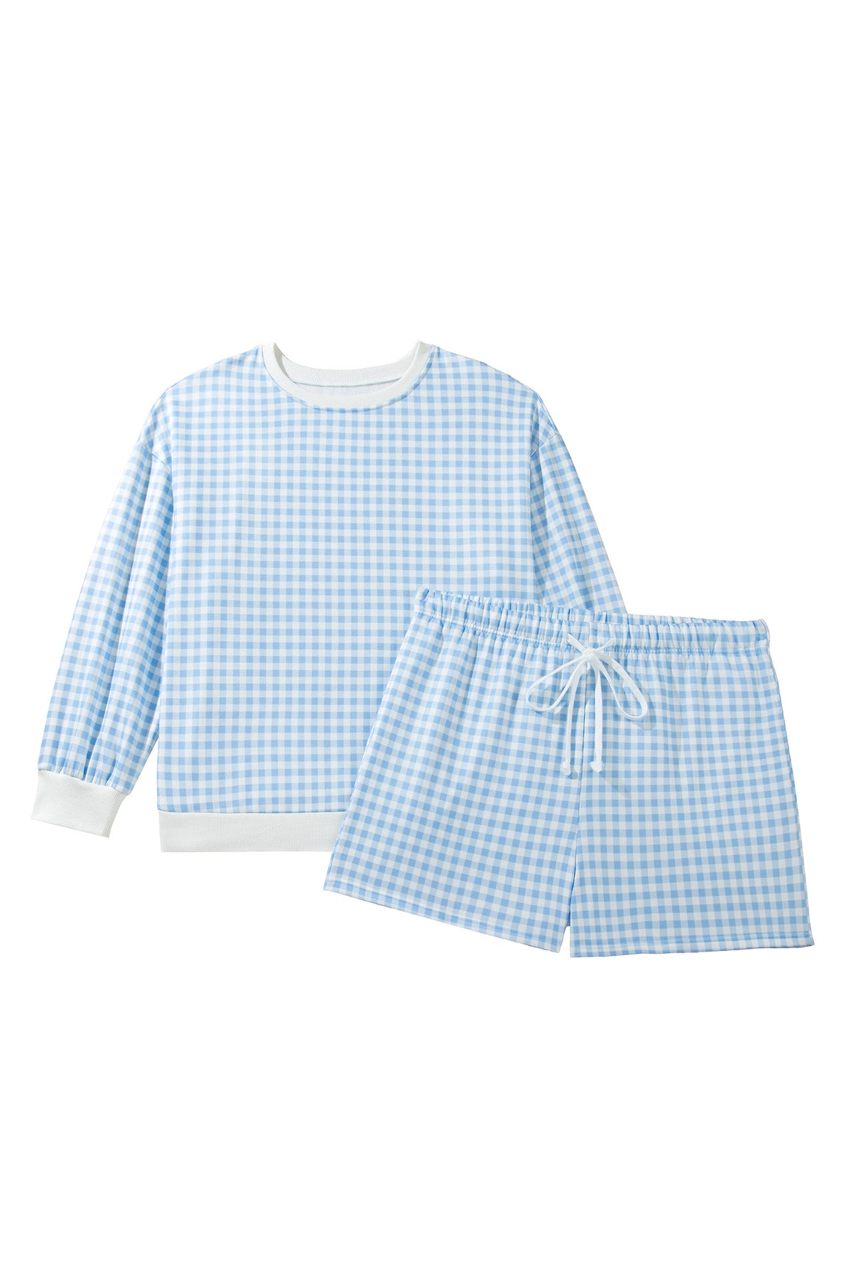 Gingham Loose Pullover Top Drawstring Shorts Plus Size Set