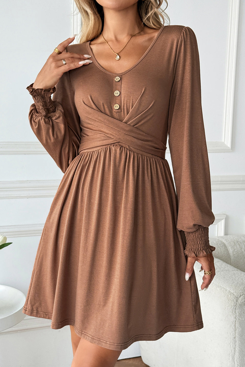 Shirred Cuff Long Sleeve Button Round Neck Mini Dress