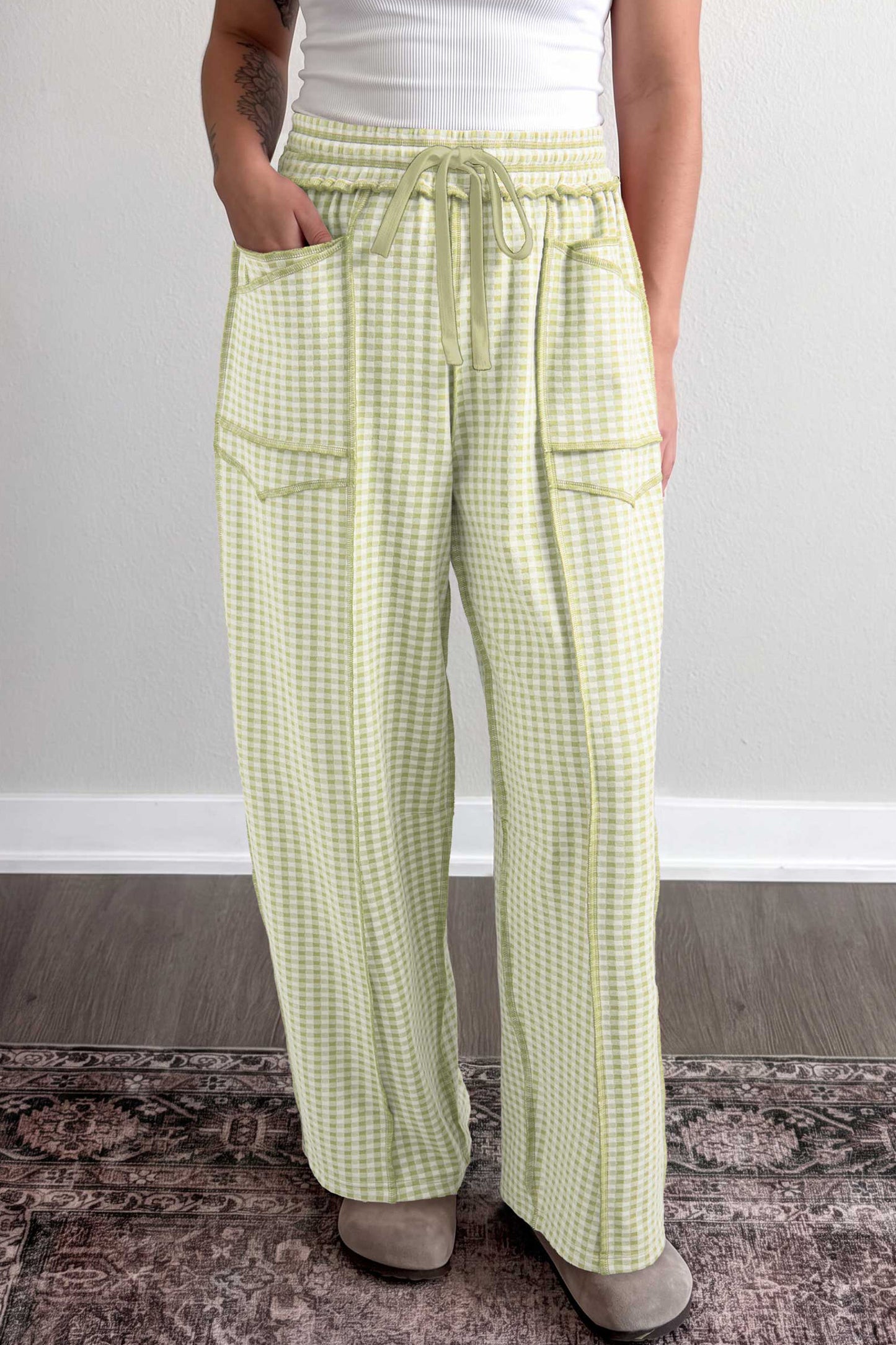 Plaid Contrast Trim Drawstring Elastic Waist Shift Pants