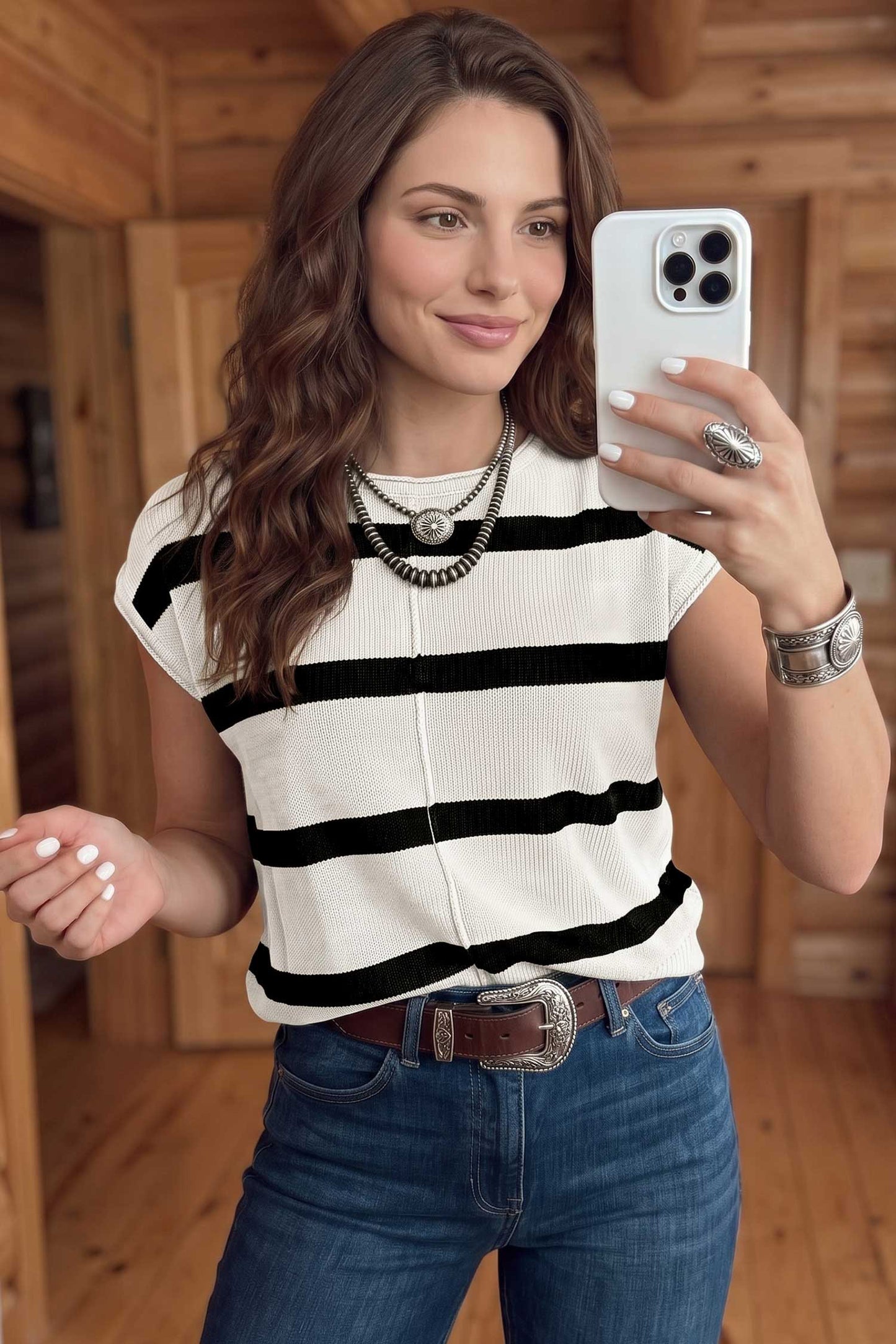Striped Knit Short Sleeve Sweater